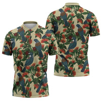 New Zealand Christmas Zipper Polo Shirt Romantic Tui Birds on Pohutukawa - Ivory - Polynesian Pride