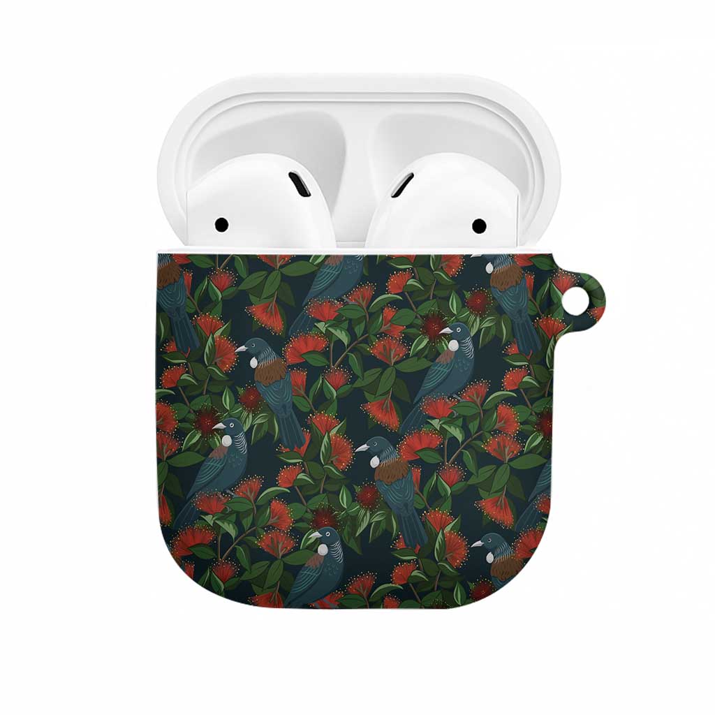 New Zealand Christmas AirPods Case Romantic Tui Birds on Pohutukawa - Cobalt - Polynesian Pride