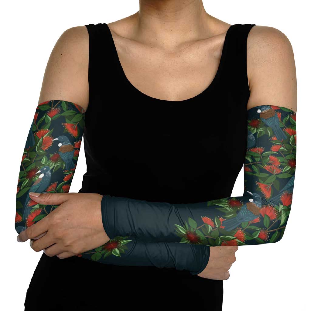 New Zealand Christmas Arm Sleeves Romantic Tui Birds on Pohutukawa - Cobalt - Polynesian Pride