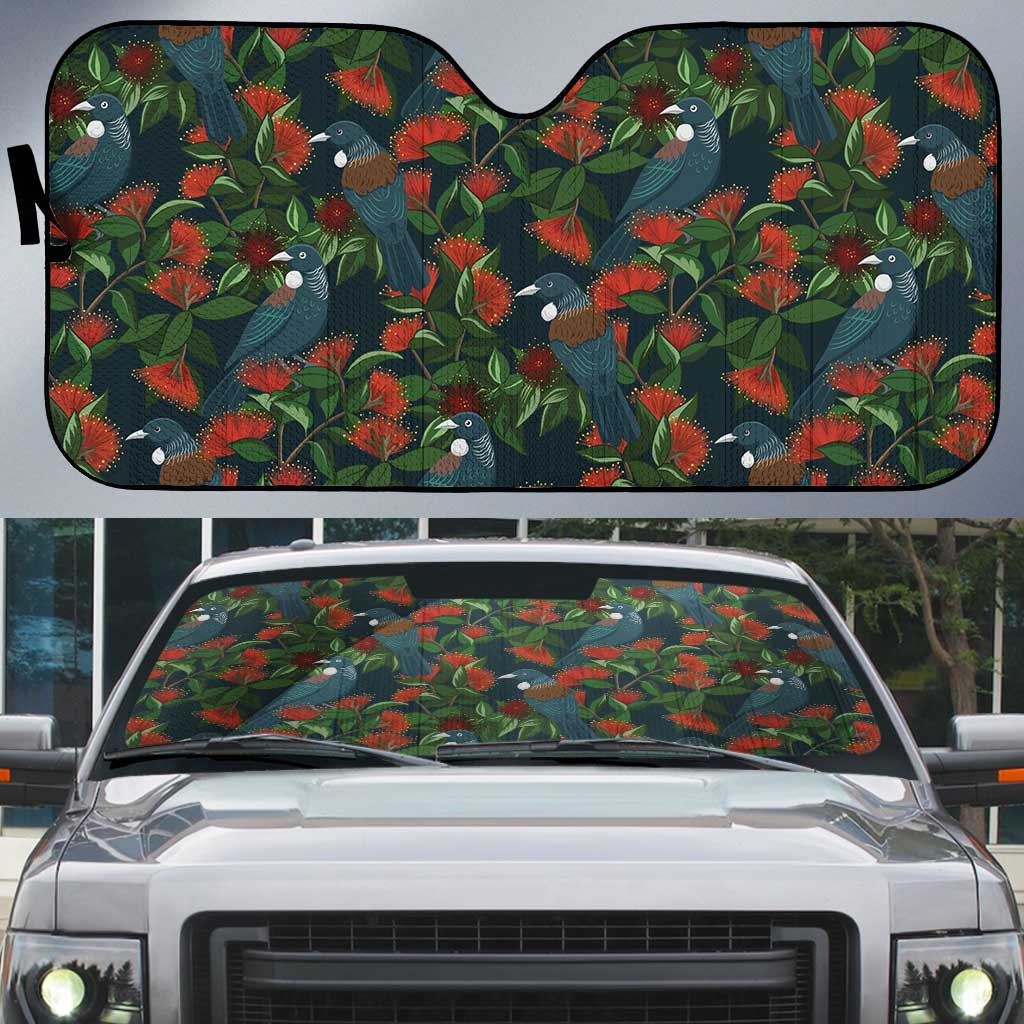 New Zealand Christmas Auto Sun Shade Romantic Tui Birds on Pohutukawa - Cobalt - Polynesian Pride
