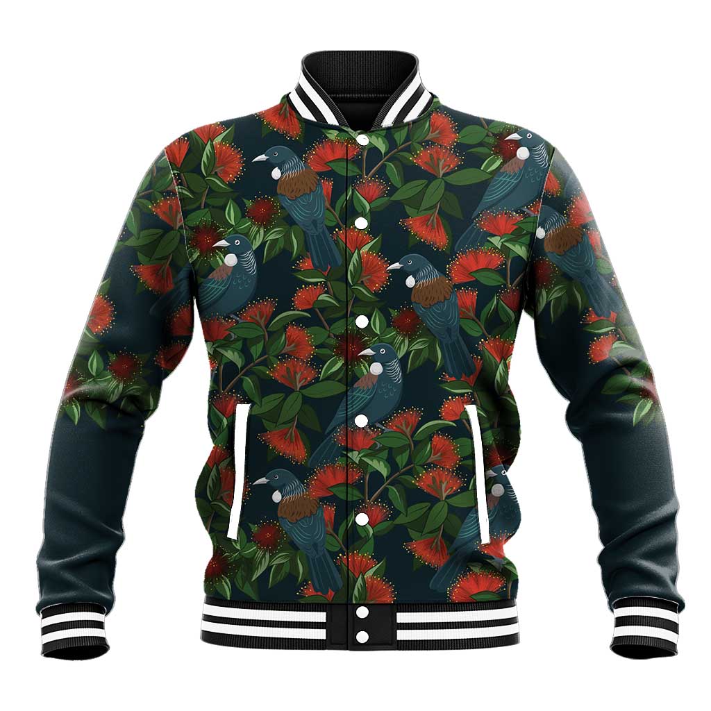 New Zealand Christmas Baseball Jacket Romantic Tui Birds on Pohutukawa - Cobalt - Polynesian Pride