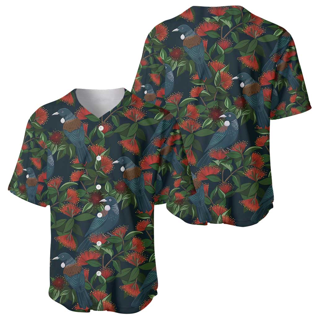 New Zealand Christmas Baseball Jersey Romantic Tui Birds on Pohutukawa - Cobalt - Polynesian Pride