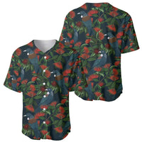 New Zealand Christmas Baseball Jersey Romantic Tui Birds on Pohutukawa - Cobalt - Polynesian Pride