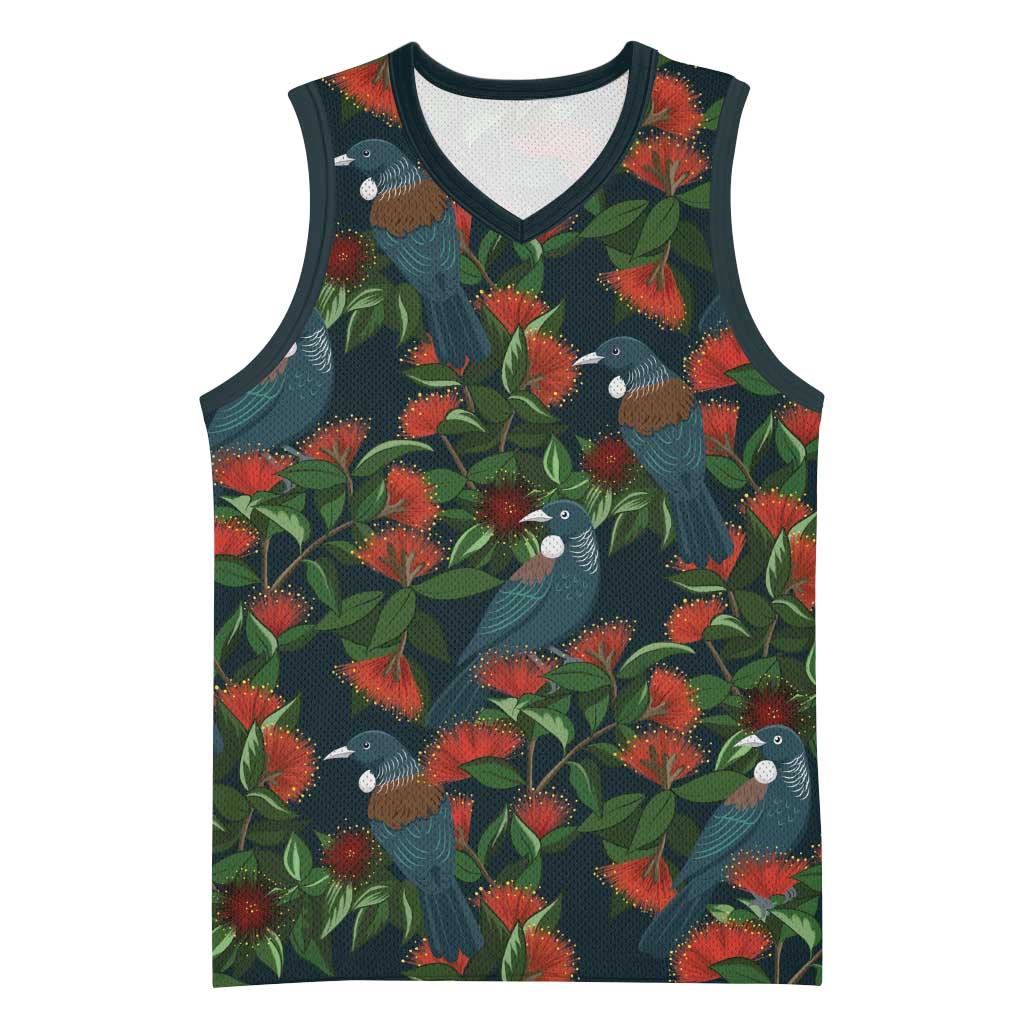 New Zealand Christmas Basketball Jersey Romantic Tui Birds on Pohutukawa - Cobalt - Polynesian Pride