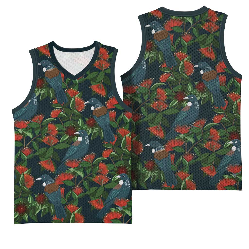 New Zealand Christmas Basketball Jersey Romantic Tui Birds on Pohutukawa - Cobalt - Polynesian Pride