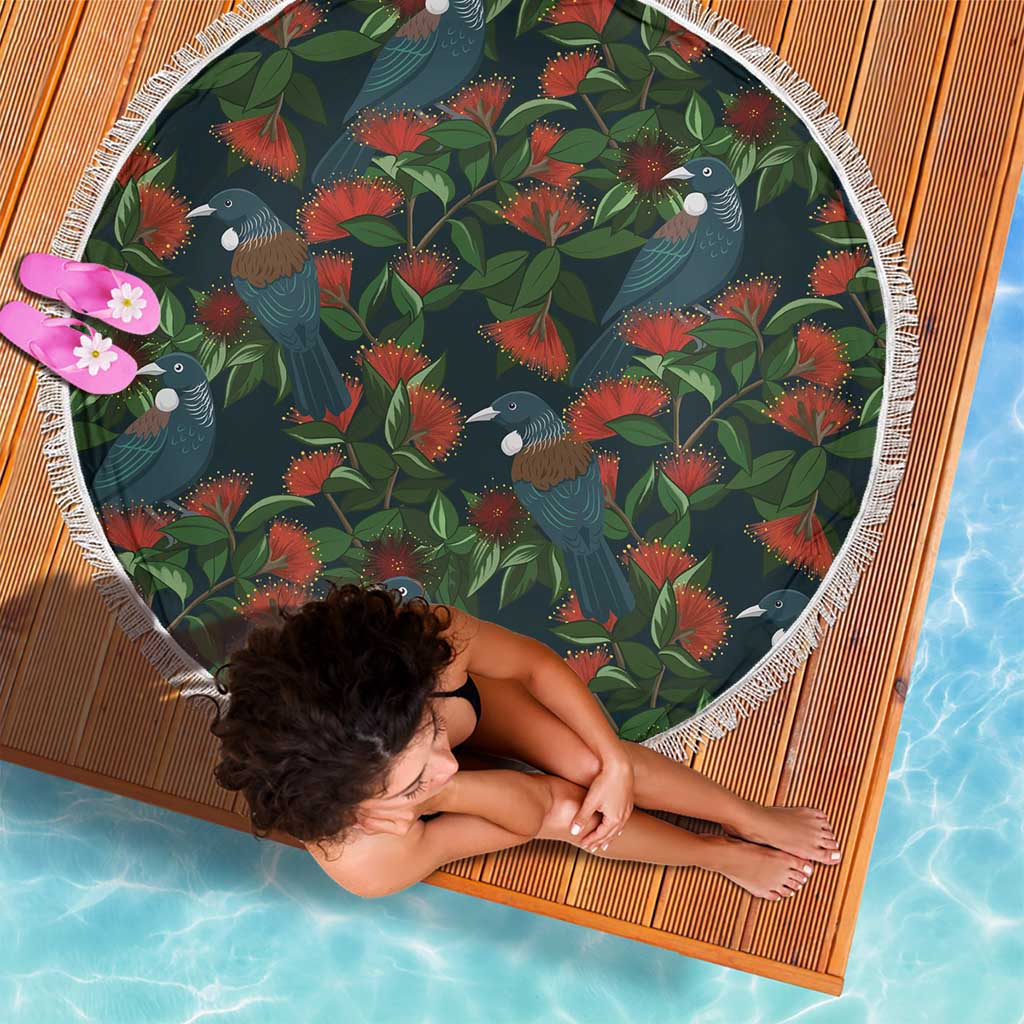 New Zealand Christmas Beach Blanket Romantic Tui Birds on Pohutukawa - Cobalt - Polynesian Pride