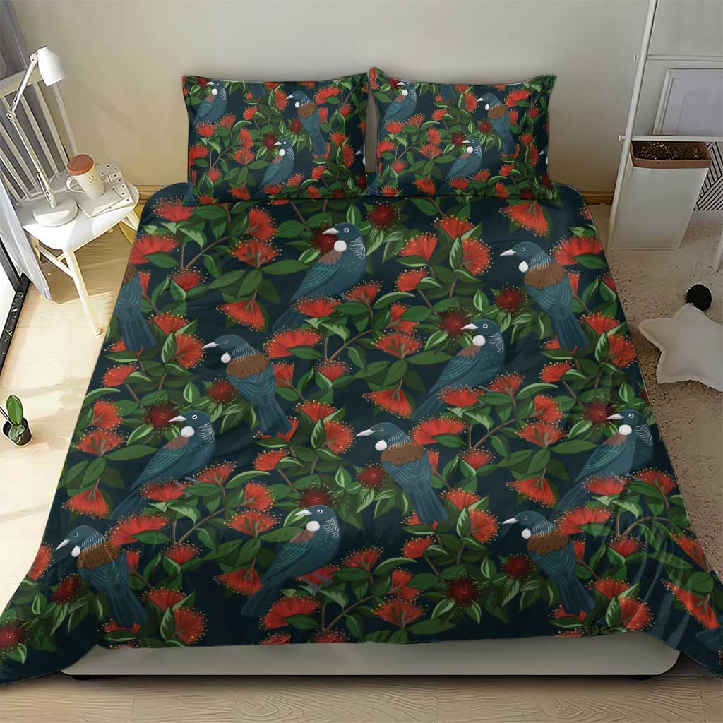 New Zealand Christmas Bedding Set Romantic Tui Birds on Pohutukawa - Cobalt - Polynesian Pride