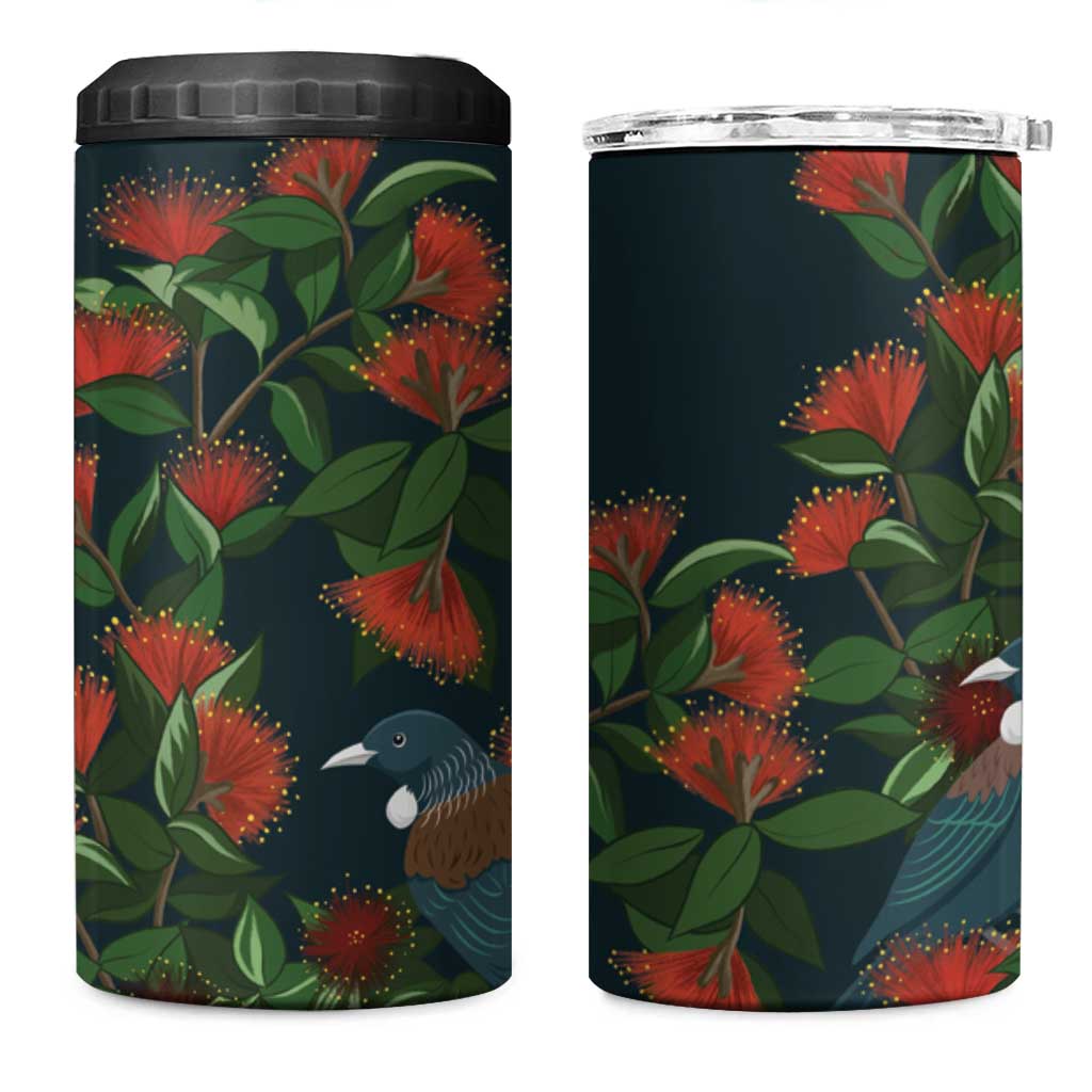 New Zealand Christmas 4 in 1 Can Cooler Tumbler Romantic Tui Birds on Pohutukawa - Cobalt - Polynesian Pride