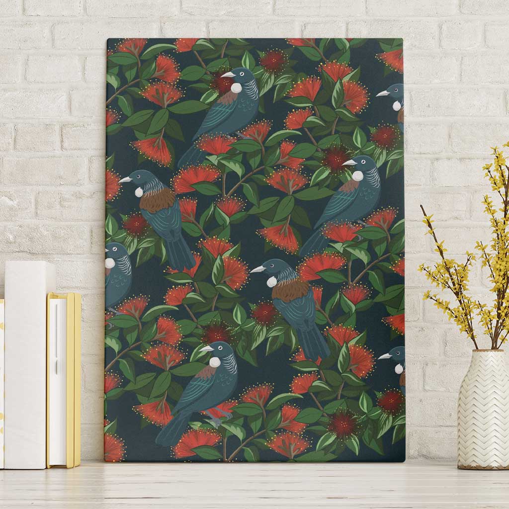 New Zealand Christmas Canvas Wall Art Romantic Tui Birds on Pohutukawa - Cobalt - Polynesian Pride