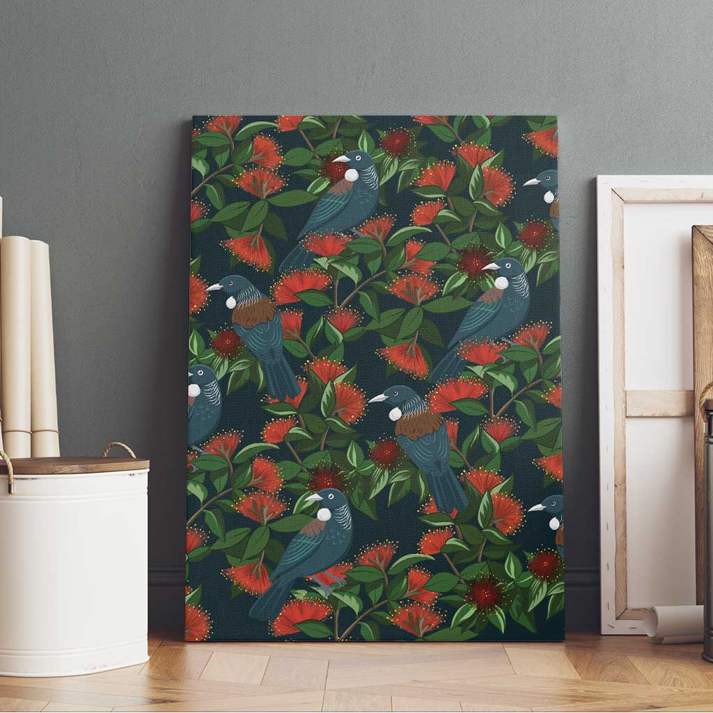 New Zealand Christmas Canvas Wall Art Romantic Tui Birds on Pohutukawa - Cobalt - Polynesian Pride