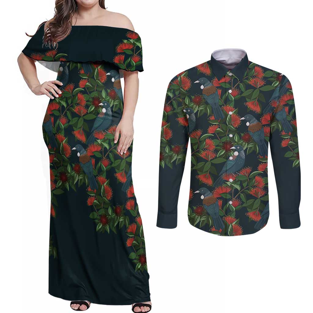 New Zealand Christmas Couples Matching Off Shoulder Maxi Dress and Long Sleeve Button Shirt Romantic Tui Birds on Pohutukawa - Cobalt - Polynesian Pride