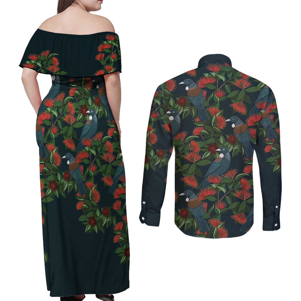 New Zealand Christmas Couples Matching Off Shoulder Maxi Dress and Long Sleeve Button Shirt Romantic Tui Birds on Pohutukawa - Cobalt - Polynesian Pride