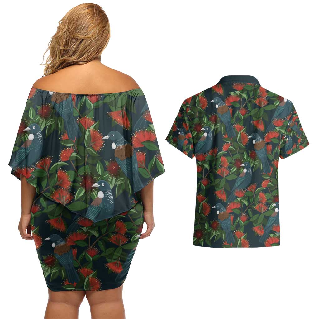 New Zealand Christmas Couples Matching Off Shoulder Short Dress and Hawaiian Shirt Romantic Tui Birds on Pohutukawa - Cobalt - Polynesian Pride