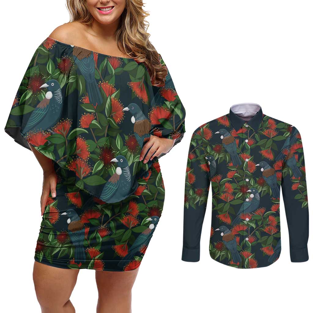 New Zealand Christmas Couples Matching Off Shoulder Short Dress and Long Sleeve Button Shirt Romantic Tui Birds on Pohutukawa - Cobalt - Polynesian Pride