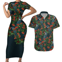 New Zealand Christmas Couples Matching Short Sleeve Bodycon Dress and Hawaiian Shirt Romantic Tui Birds on Pohutukawa - Cobalt - Polynesian Pride