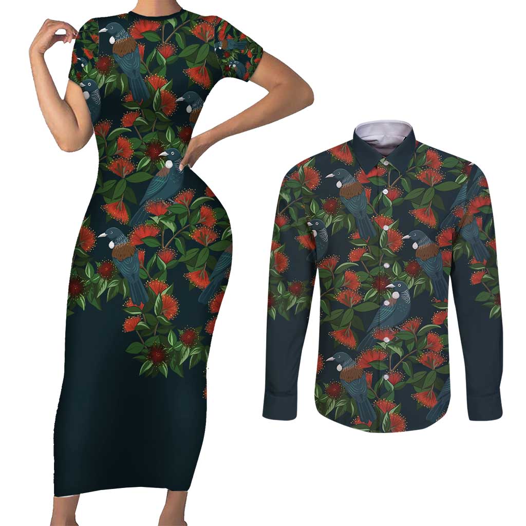 New Zealand Christmas Couples Matching Short Sleeve Bodycon Dress and Long Sleeve Button Shirt Romantic Tui Birds on Pohutukawa - Cobalt - Polynesian Pride