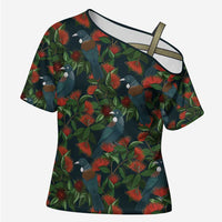 New Zealand Christmas Cross Shoulder Shirt Romantic Tui Birds on Pohutukawa - Cobalt - Polynesian Pride