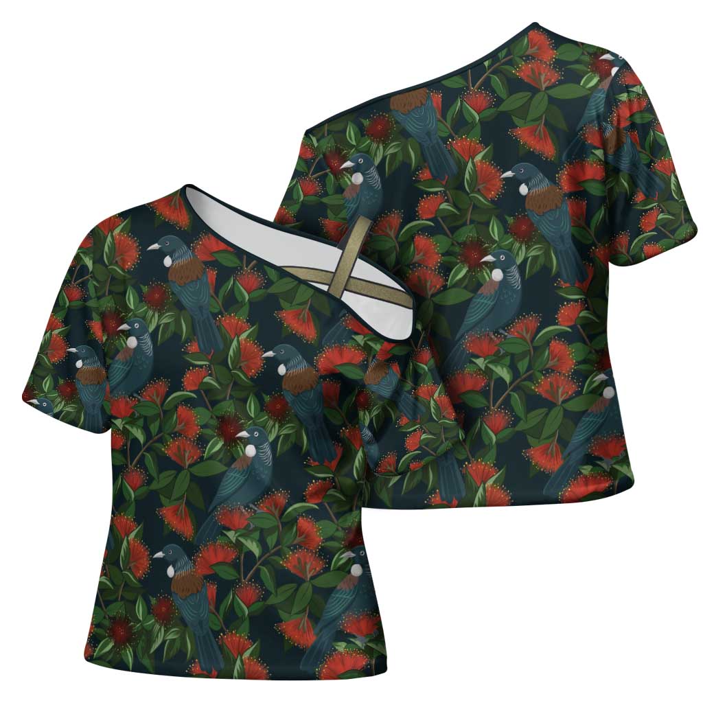 New Zealand Christmas Cross Shoulder Shirt Romantic Tui Birds on Pohutukawa - Cobalt - Polynesian Pride