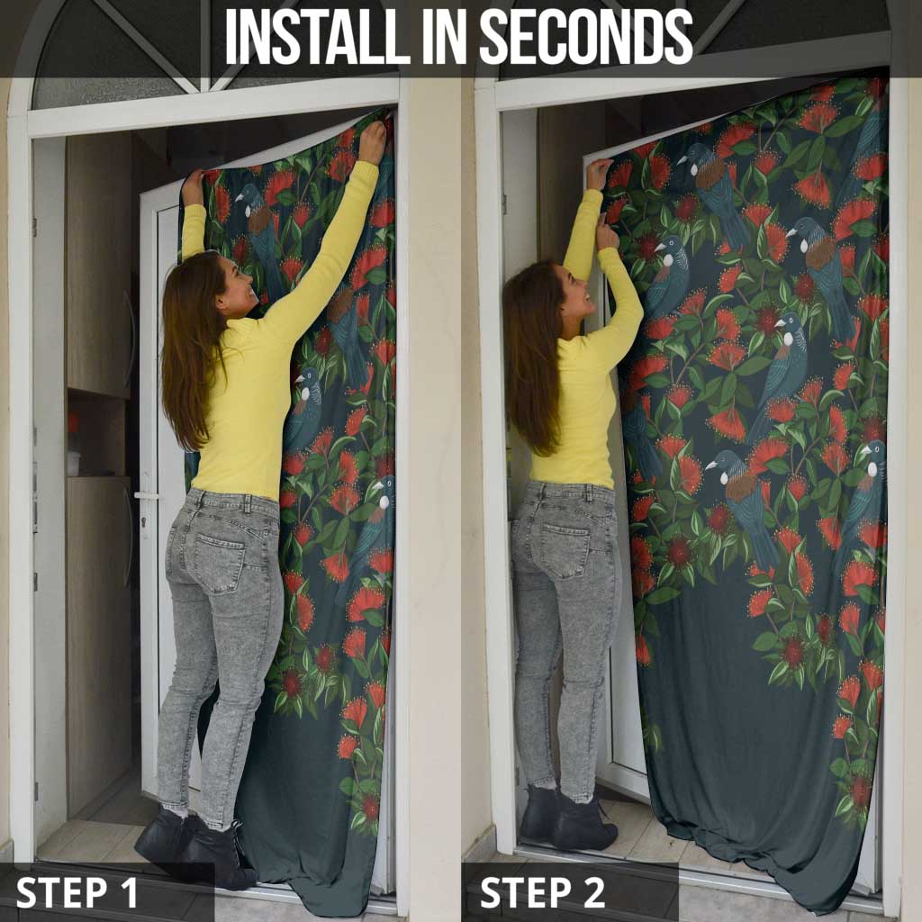 New Zealand Christmas Door Cover Romantic Tui Birds on Pohutukawa - Cobalt - Polynesian Pride