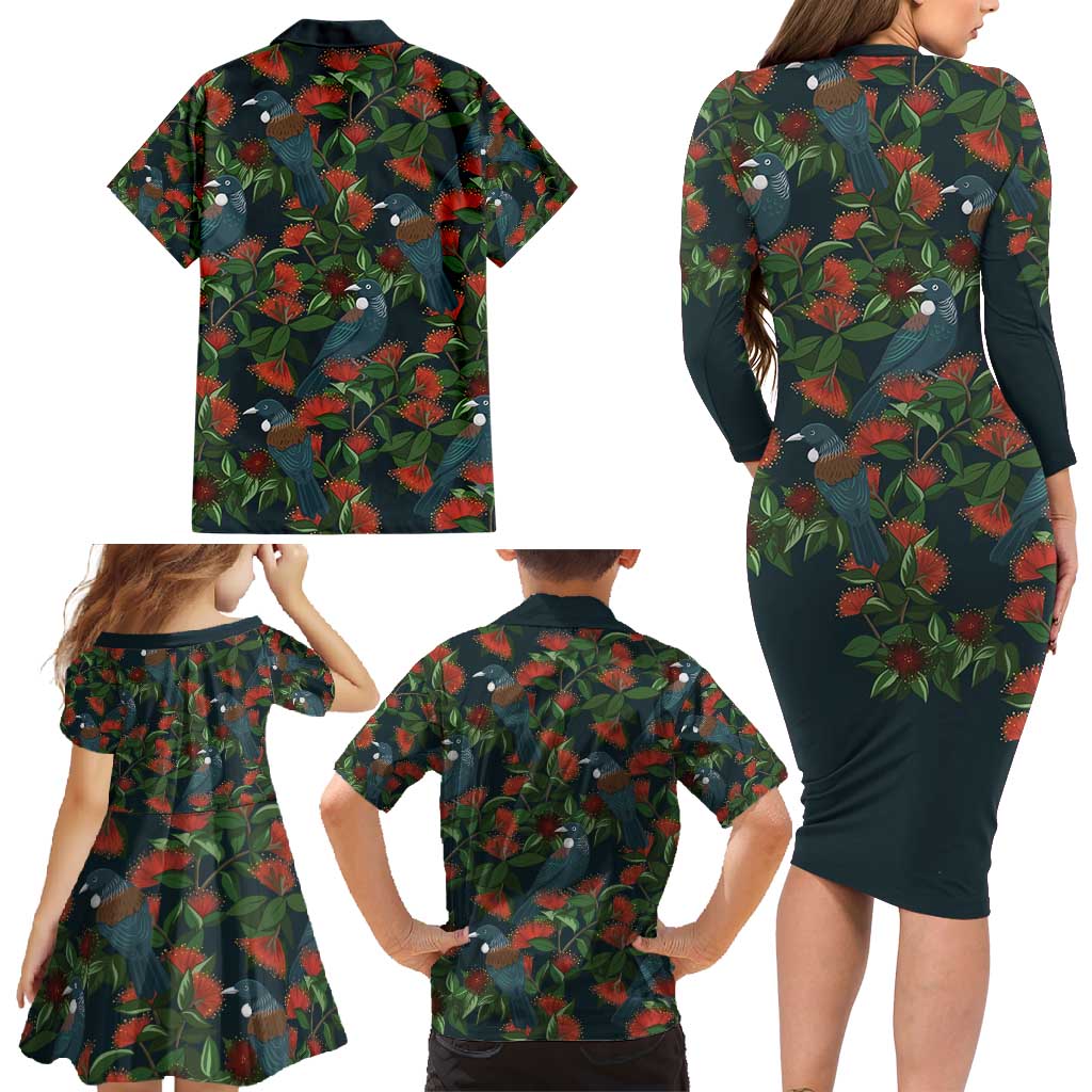 New Zealand Christmas Family Matching Long Sleeve Bodycon Dress and Hawaiian Shirt Romantic Tui Birds on Pohutukawa - Cobalt - Polynesian Pride