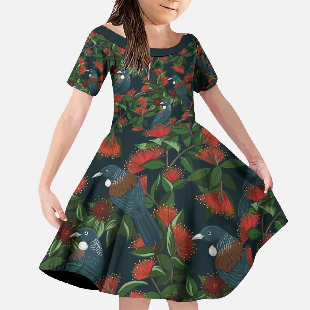 New Zealand Christmas Family Matching Off Shoulder Maxi Dress and Hawaiian Shirt Romantic Tui Birds on Pohutukawa - Cobalt - Polynesian Pride