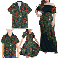 New Zealand Christmas Family Matching Off Shoulder Maxi Dress and Hawaiian Shirt Romantic Tui Birds on Pohutukawa - Cobalt - Polynesian Pride