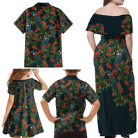 New Zealand Christmas Family Matching Off Shoulder Maxi Dress and Hawaiian Shirt Romantic Tui Birds on Pohutukawa - Cobalt - Polynesian Pride