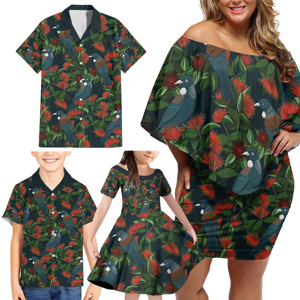 New Zealand Christmas Family Matching Off Shoulder Short Dress and Hawaiian Shirt Romantic Tui Birds on Pohutukawa - Cobalt - Polynesian Pride