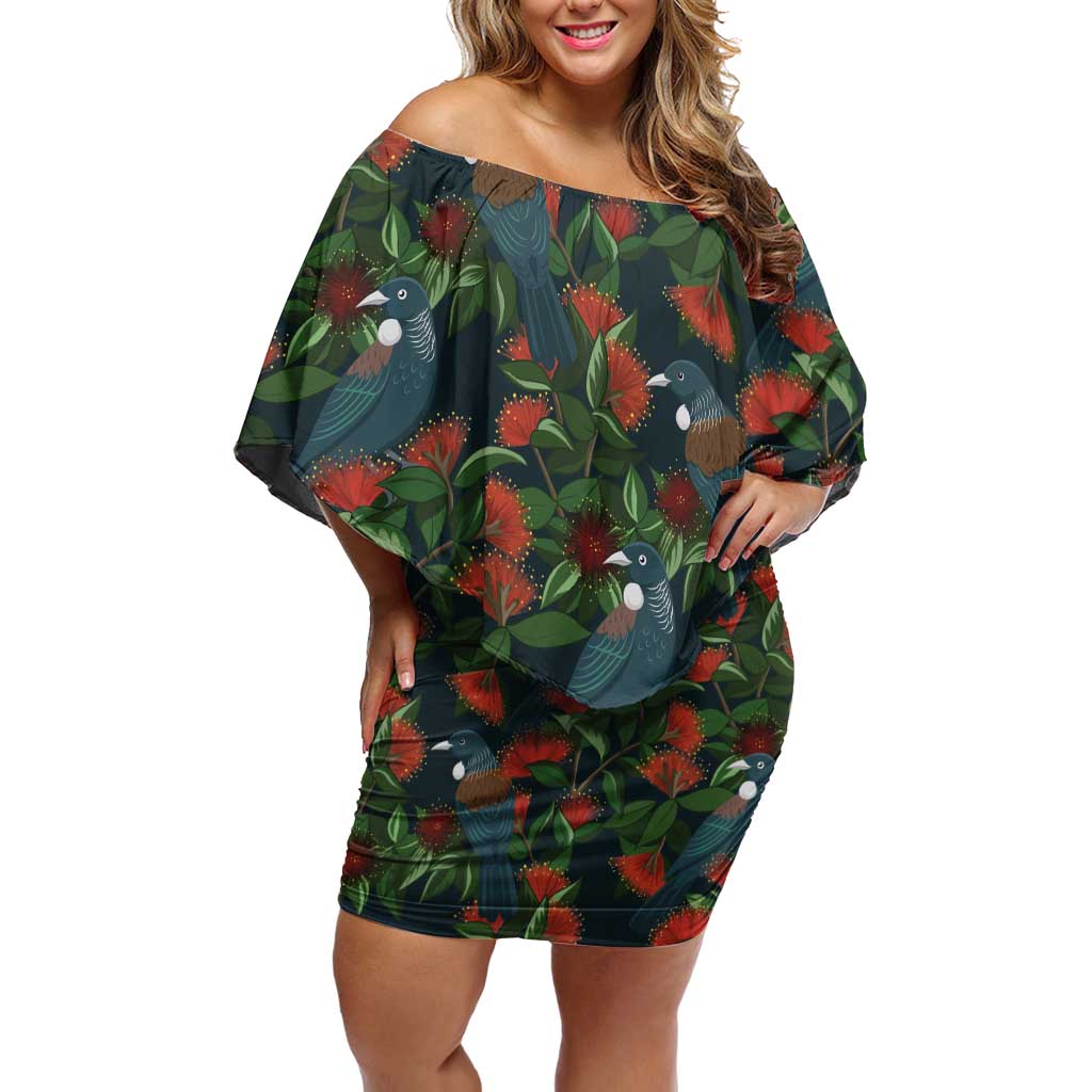 New Zealand Christmas Family Matching Off Shoulder Short Dress and Hawaiian Shirt Romantic Tui Birds on Pohutukawa - Cobalt - Polynesian Pride