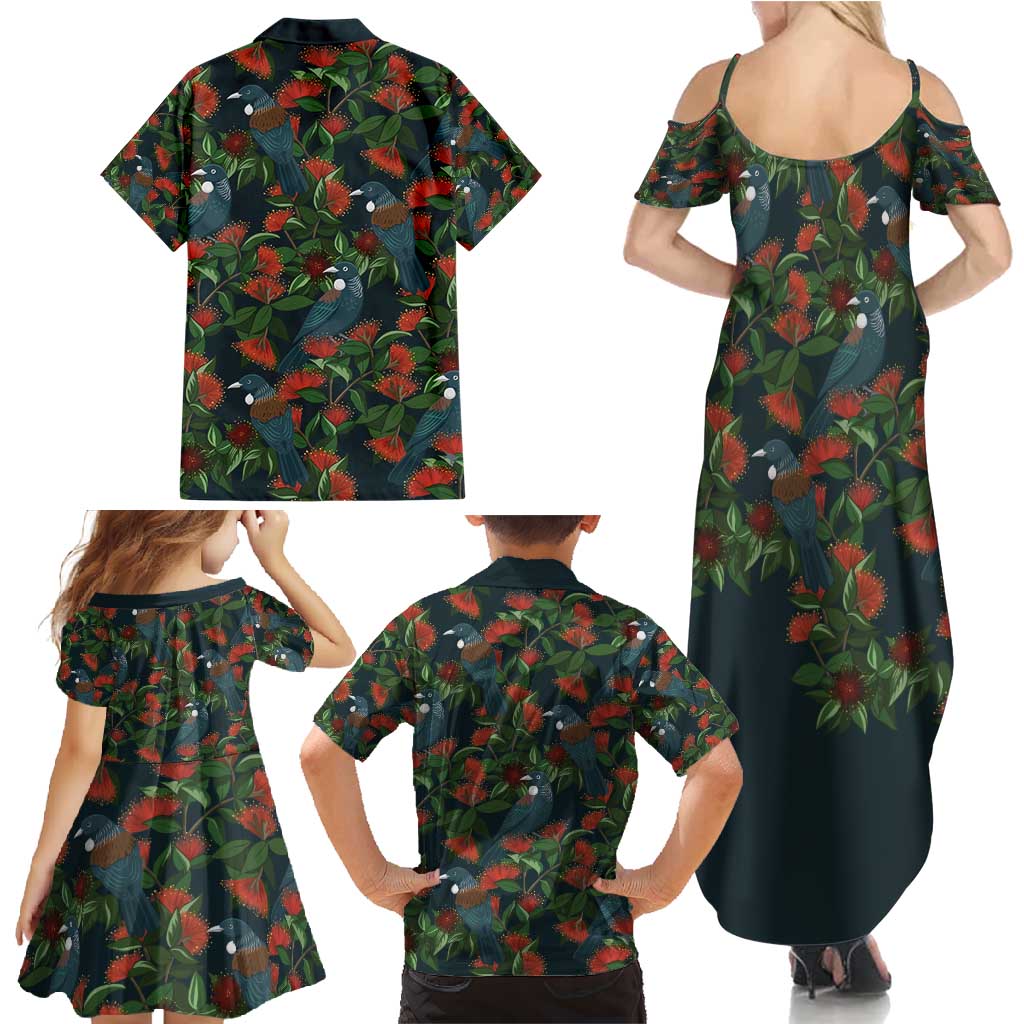 New Zealand Christmas Family Matching Summer Maxi Dress and Hawaiian Shirt Romantic Tui Birds on Pohutukawa - Cobalt - Polynesian Pride