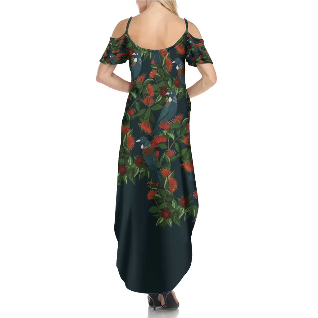New Zealand Christmas Family Matching Summer Maxi Dress and Hawaiian Shirt Romantic Tui Birds on Pohutukawa - Cobalt - Polynesian Pride