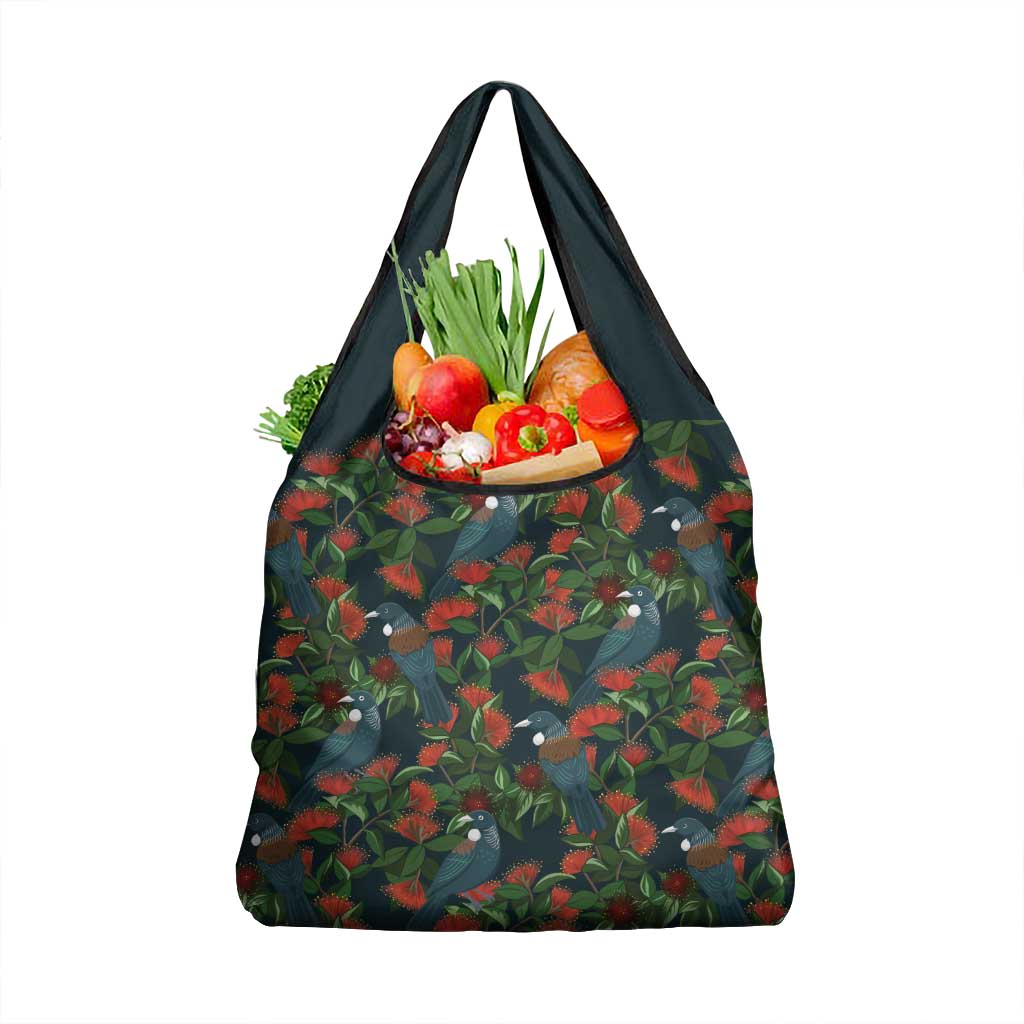 New Zealand Christmas Grocery Bag Romantic Tui Birds on Pohutukawa - Cobalt - Polynesian Pride