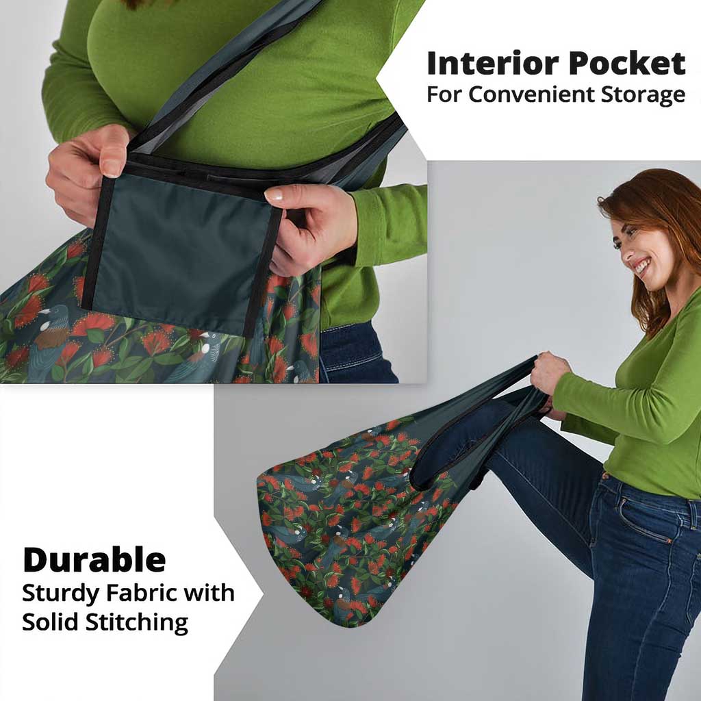 New Zealand Christmas Grocery Bag Romantic Tui Birds on Pohutukawa - Cobalt - Polynesian Pride