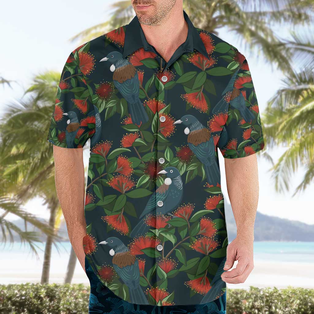 New Zealand Christmas Hawaiian Shirt Romantic Tui Birds on Pohutukawa - Cobalt - Polynesian Pride