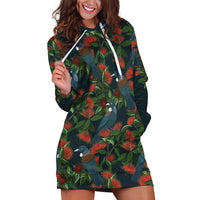 New Zealand Christmas Hoodie Dress Romantic Tui Birds on Pohutukawa - Cobalt - Polynesian Pride