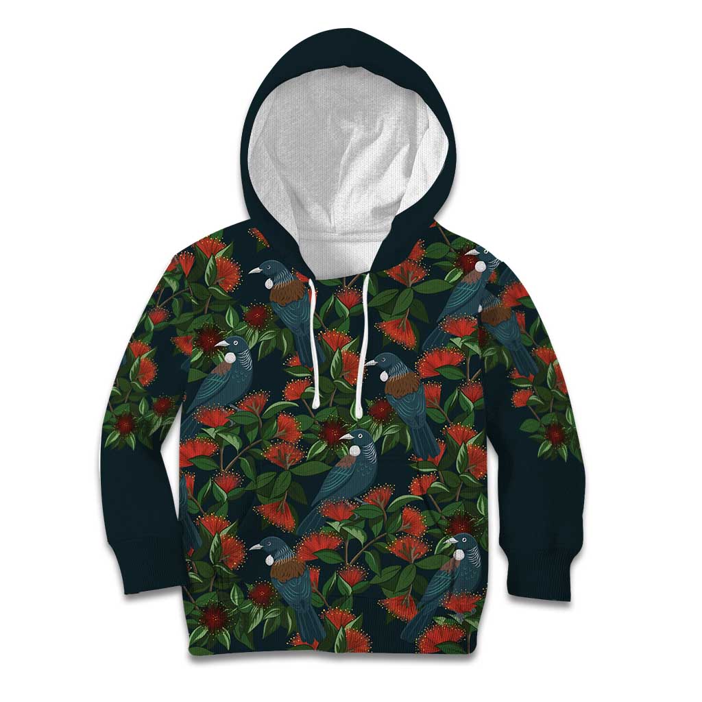 New Zealand Christmas Kid Hoodie Romantic Tui Birds on Pohutukawa - Cobalt - Polynesian Pride