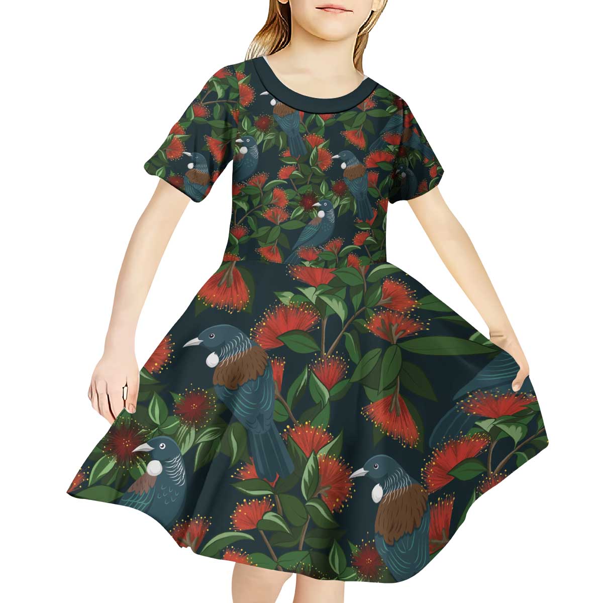 New Zealand Christmas Kid Short Sleeve Dress Romantic Tui Birds on Pohutukawa - Cobalt - Polynesian Pride