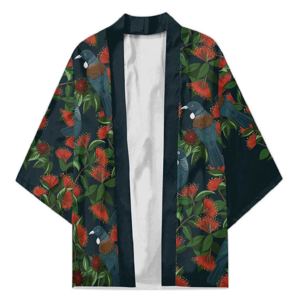 New Zealand Christmas Kimono Romantic Tui Birds on Pohutukawa - Cobalt - Polynesian Pride