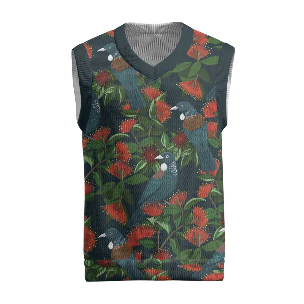 New Zealand Christmas Knitted V-Neck Vest Romantic Tui Birds on Pohutukawa - Cobalt - Polynesian Pride