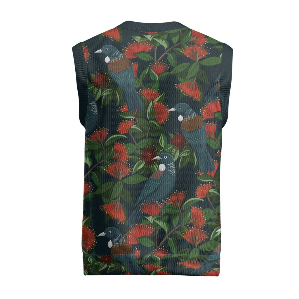 New Zealand Christmas Knitted V-Neck Vest Romantic Tui Birds on Pohutukawa - Cobalt - Polynesian Pride