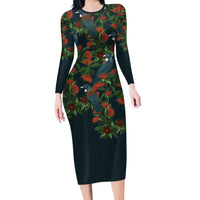 New Zealand Christmas Long Sleeve Bodycon Dress Romantic Tui Birds on Pohutukawa - Cobalt - Polynesian Pride
