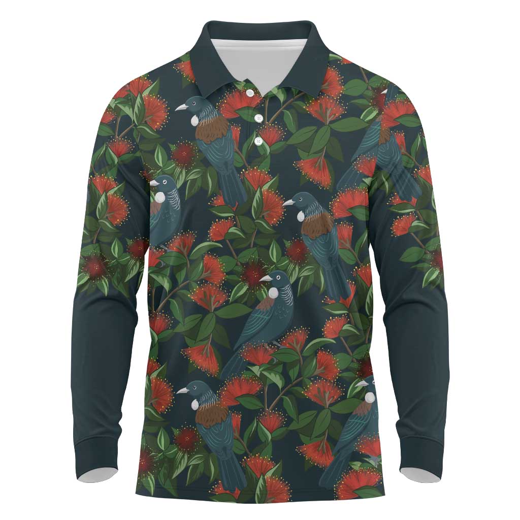 New Zealand Christmas Long Sleeve Polo Shirt Romantic Tui Birds on Pohutukawa - Cobalt - Polynesian Pride