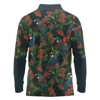 New Zealand Christmas Long Sleeve Polo Shirt Romantic Tui Birds on Pohutukawa - Cobalt - Polynesian Pride