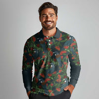 New Zealand Christmas Long Sleeve Polo Shirt Romantic Tui Birds on Pohutukawa - Cobalt - Polynesian Pride