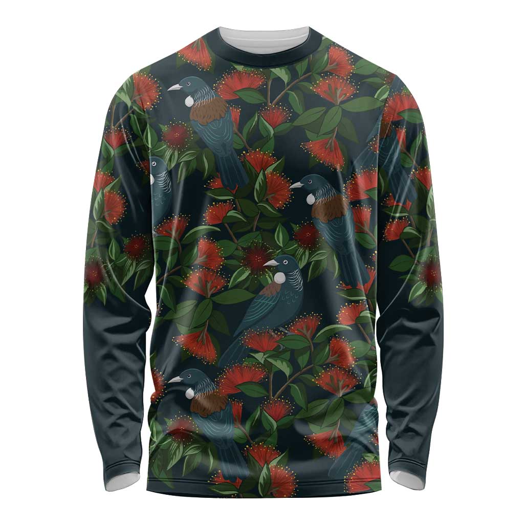 New Zealand Christmas Long Sleeve Shirt Romantic Tui Birds on Pohutukawa - Cobalt - Polynesian Pride