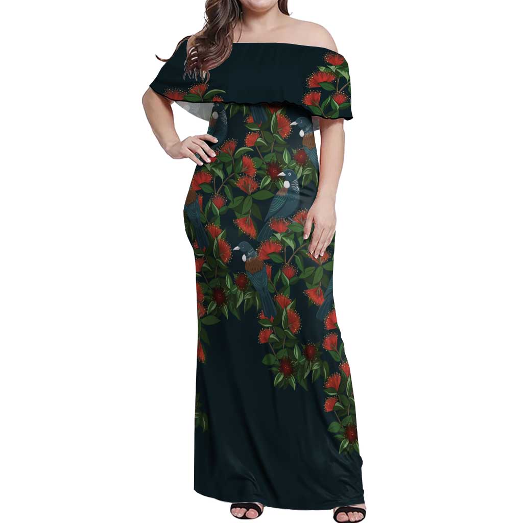New Zealand Christmas Off Shoulder Maxi Dress Romantic Tui Birds on Pohutukawa - Cobalt - Polynesian Pride