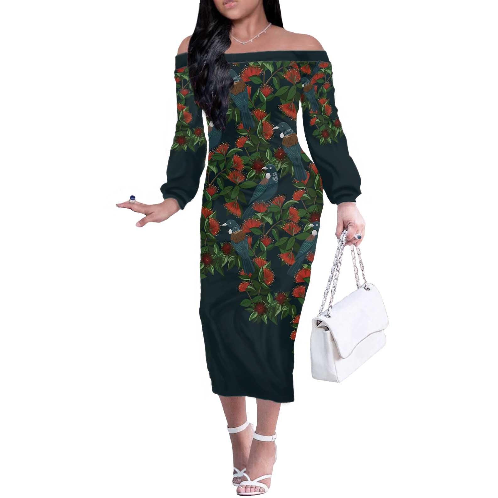 New Zealand Christmas Off The Shoulder Long Sleeve Dress Romantic Tui Birds on Pohutukawa - Cobalt - Polynesian Pride