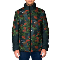New Zealand Christmas Padded Jacket Romantic Tui Birds on Pohutukawa - Cobalt - Polynesian Pride