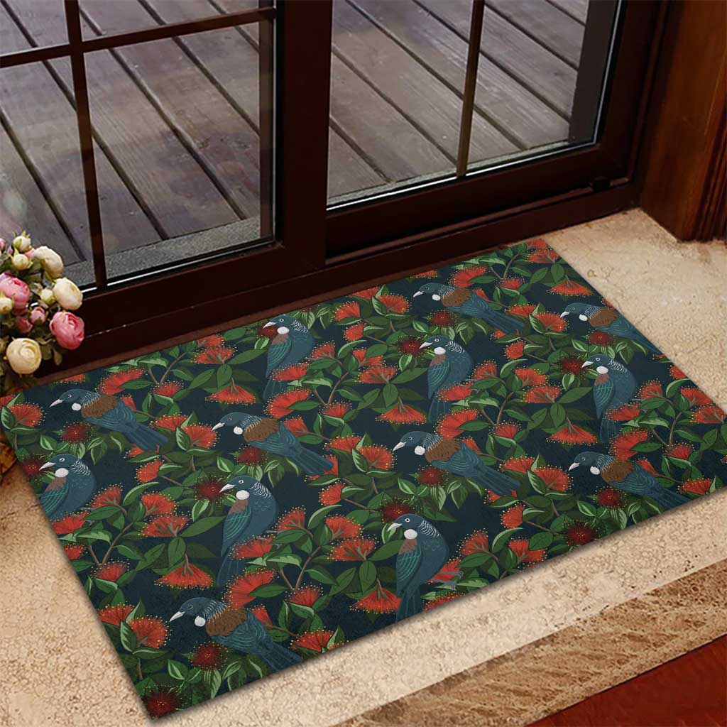 New Zealand Christmas Rubber Doormat Romantic Tui Birds on Pohutukawa - Cobalt - Polynesian Pride