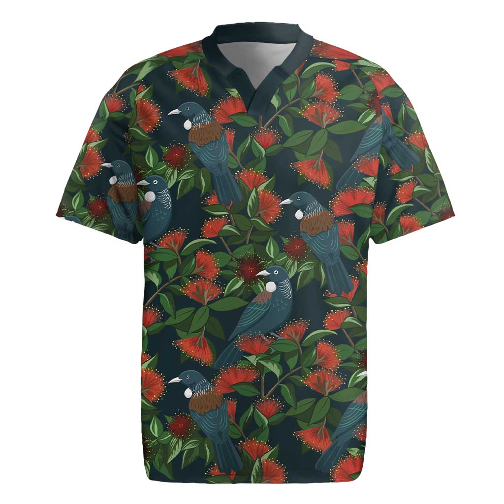 New Zealand Christmas Rugby Jersey Romantic Tui Birds on Pohutukawa - Cobalt - Polynesian Pride